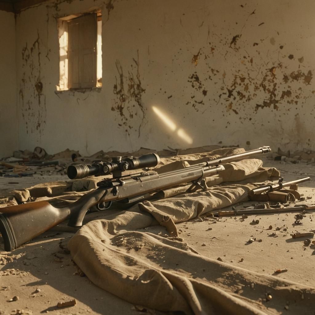 Sniper Rifle in Ruined Military Base, Warm Golden Light