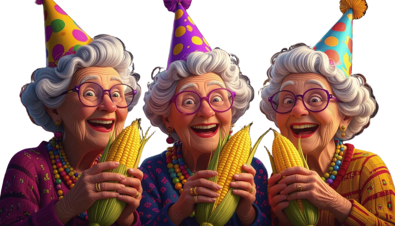 Hyperrealistic Cartoon Grandmas at a Corn Party