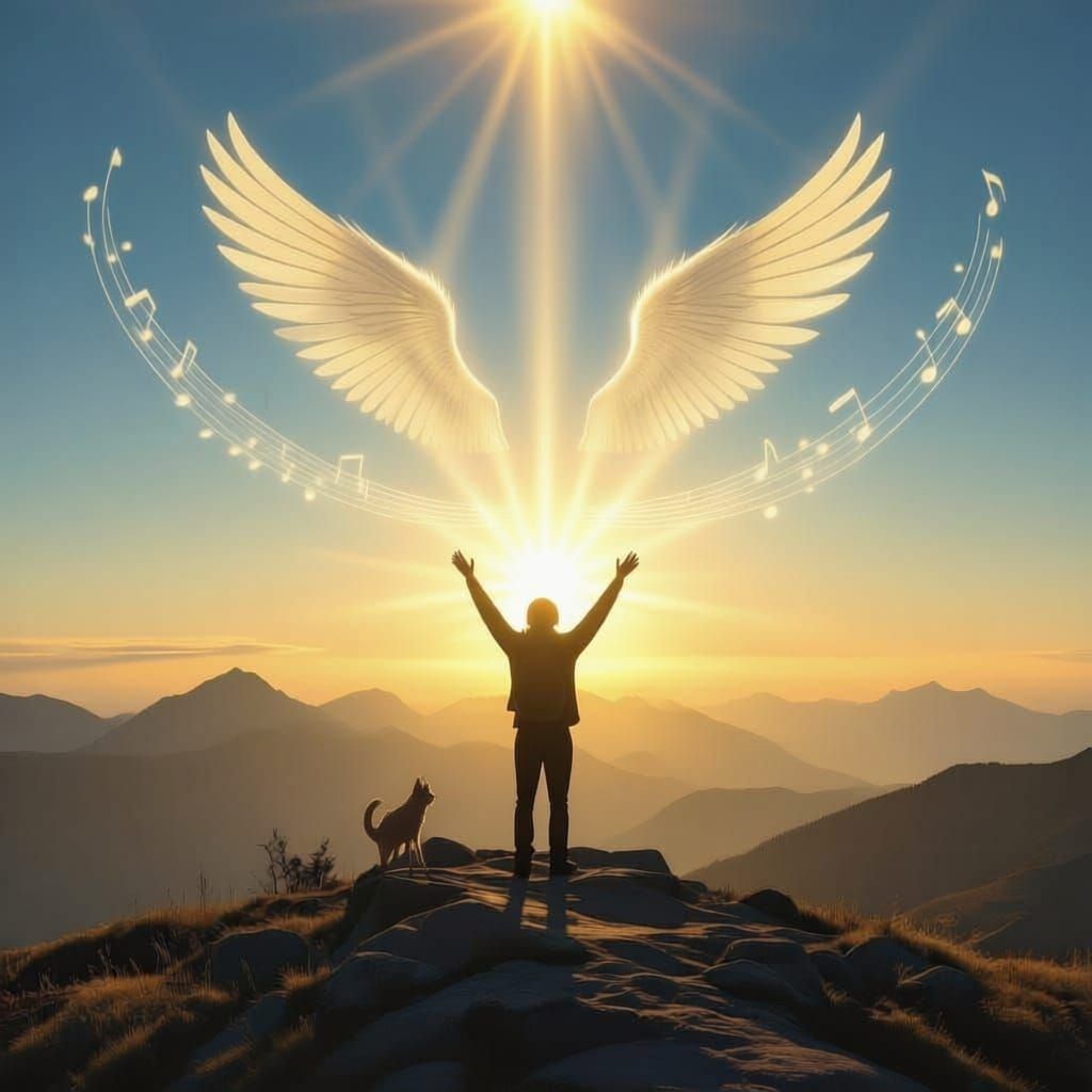 Figure Praising Sunrise on Mountaintop with Winged Light