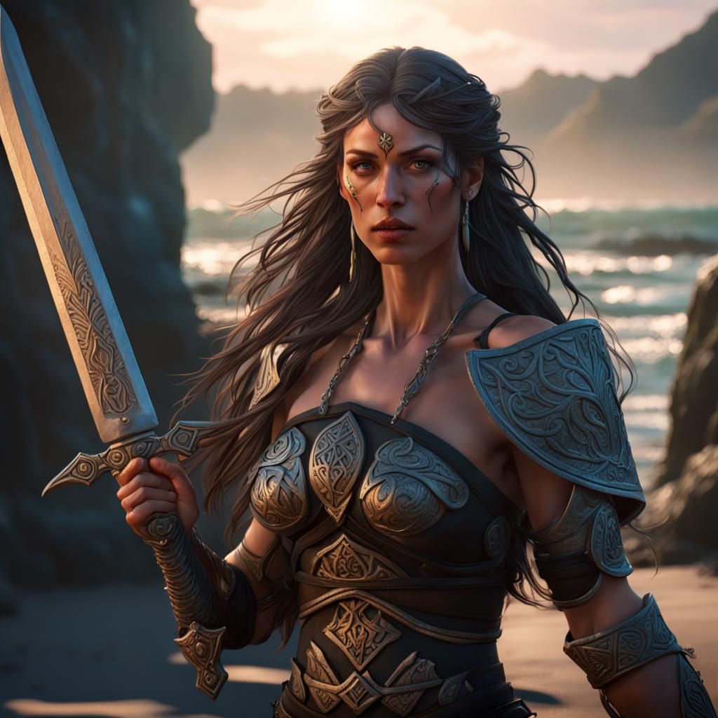 Victorious Celtic Princess on a Beach, Art Nouveau