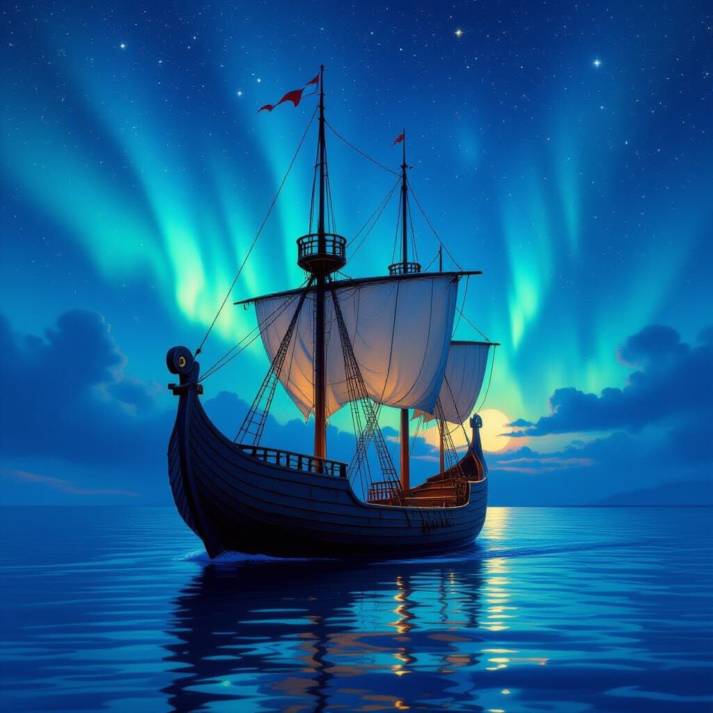 Longship Sailing Under Aurora Borealis, Painterly Style