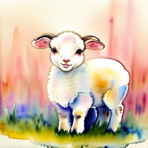 Cute Lamb in Watercolor Habitat