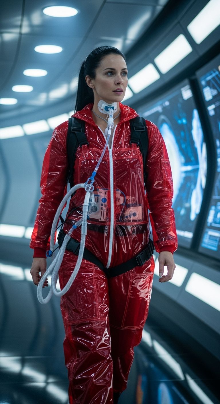 Futuristic Space Woman in Transparent PVC Overall