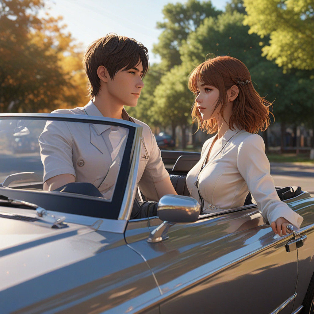Happy Couple in a Car, Anime Style