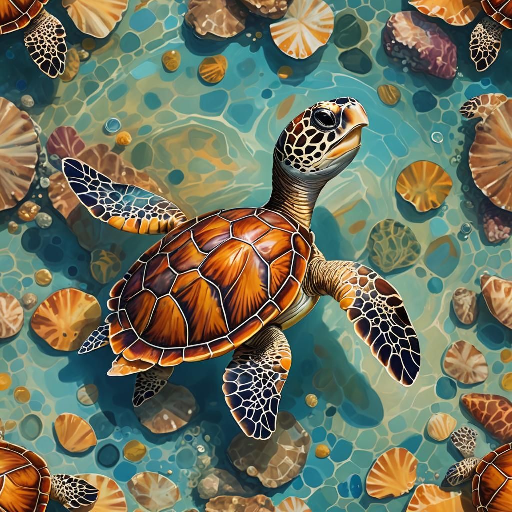 Colorful Baby Sea Turtle Swimming