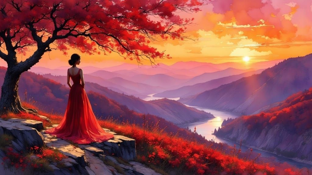 Fire Red Unicorn and Blossoms: Impressionistic Painting