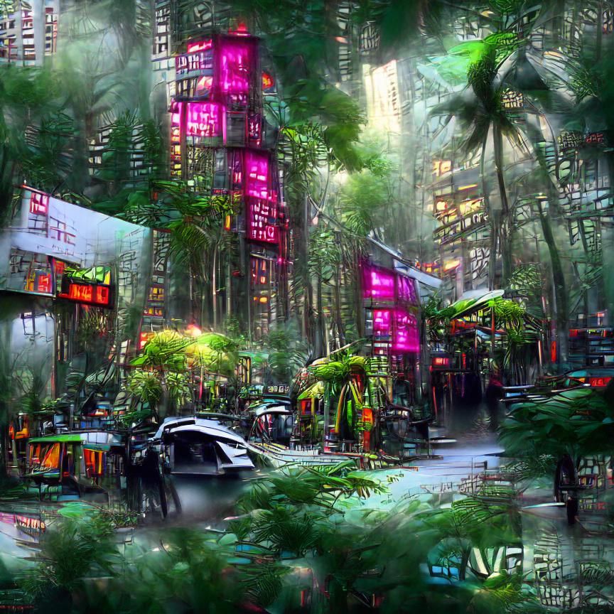 Cyberpunk Subtropical Forest Village: High-Res Digital Art