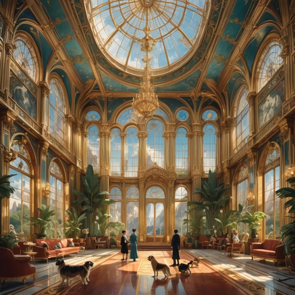 Art Deco Landscape with Ornate Details and Gemstones