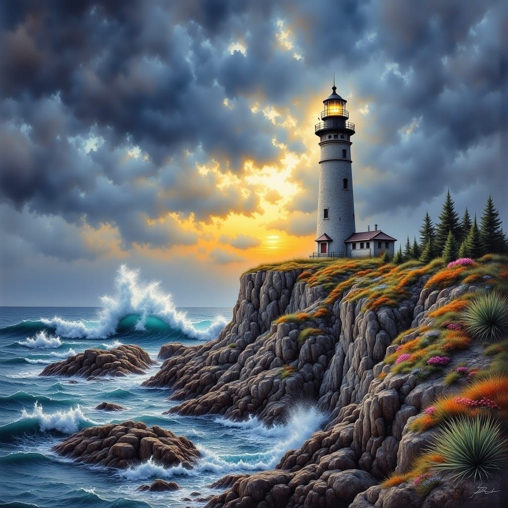 Lighthouse at Dusk in Antique Watercolor Style