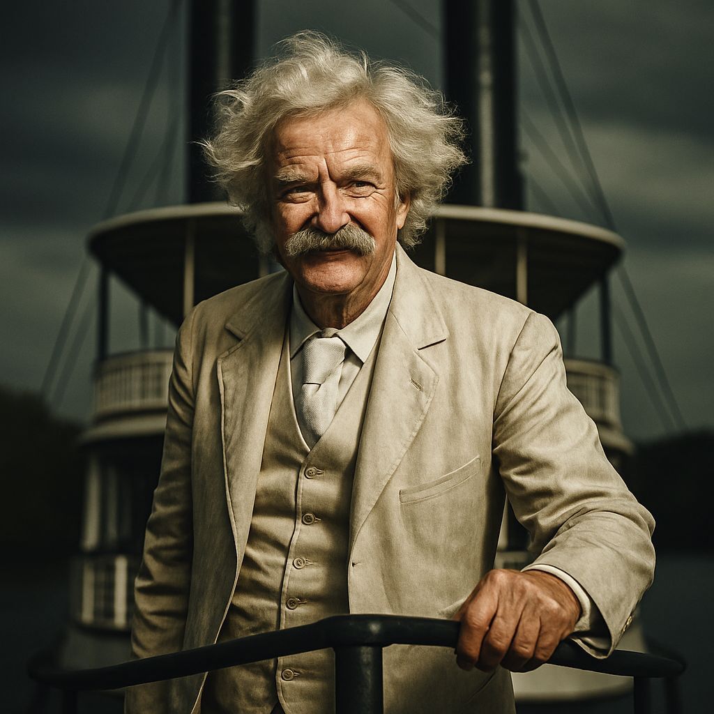 Mark Twain on Steamboat Bow, Hyper-Realistic Photo