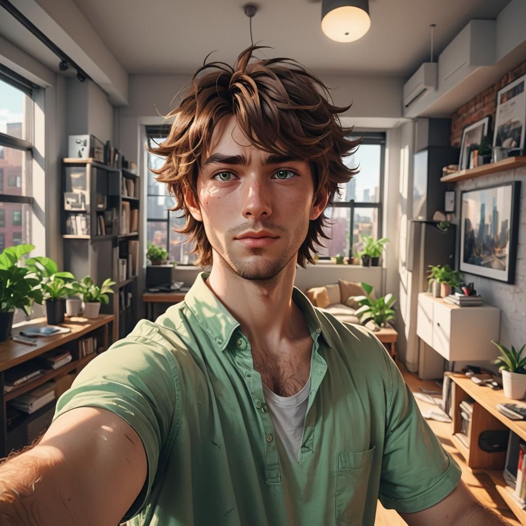 Anime Man Takes Selfie in New York Apartment