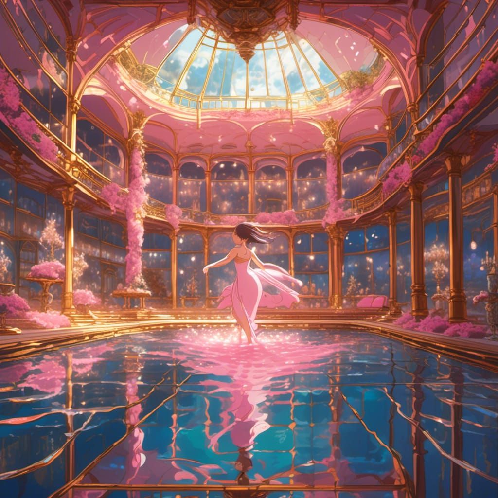 Woman Swimming in Pink and Gold Ballroom