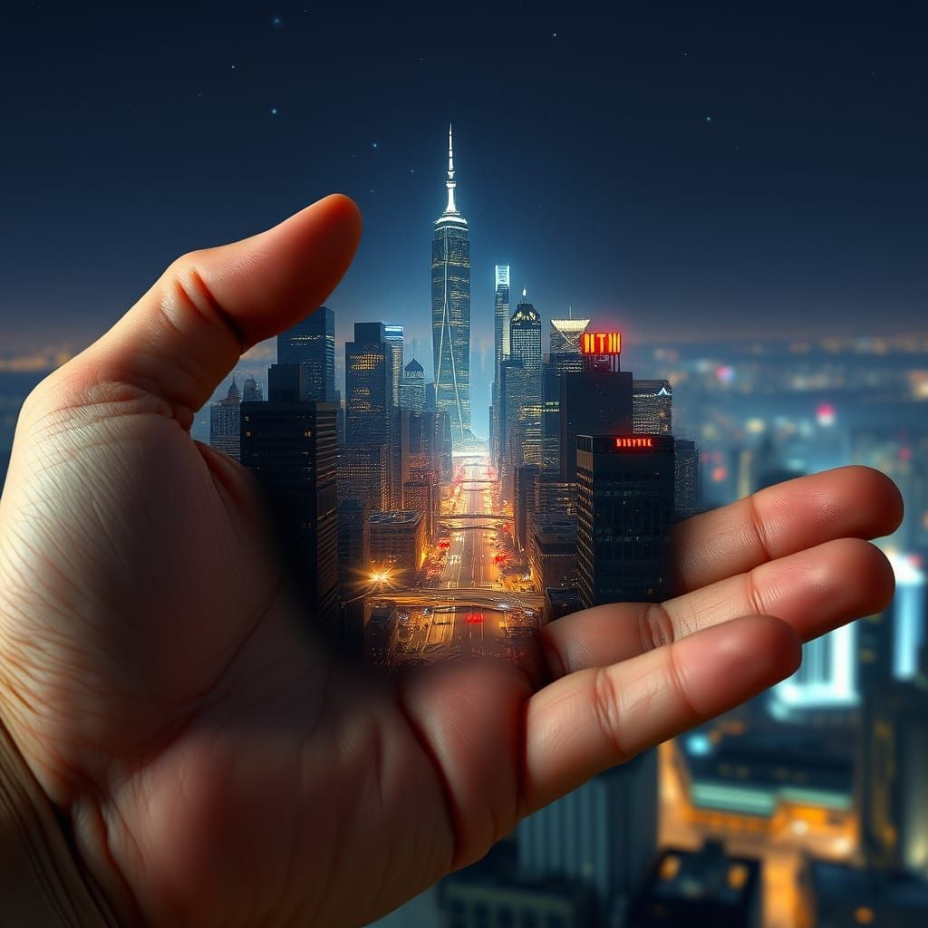 Night Cityscape Reflected in Open Palm