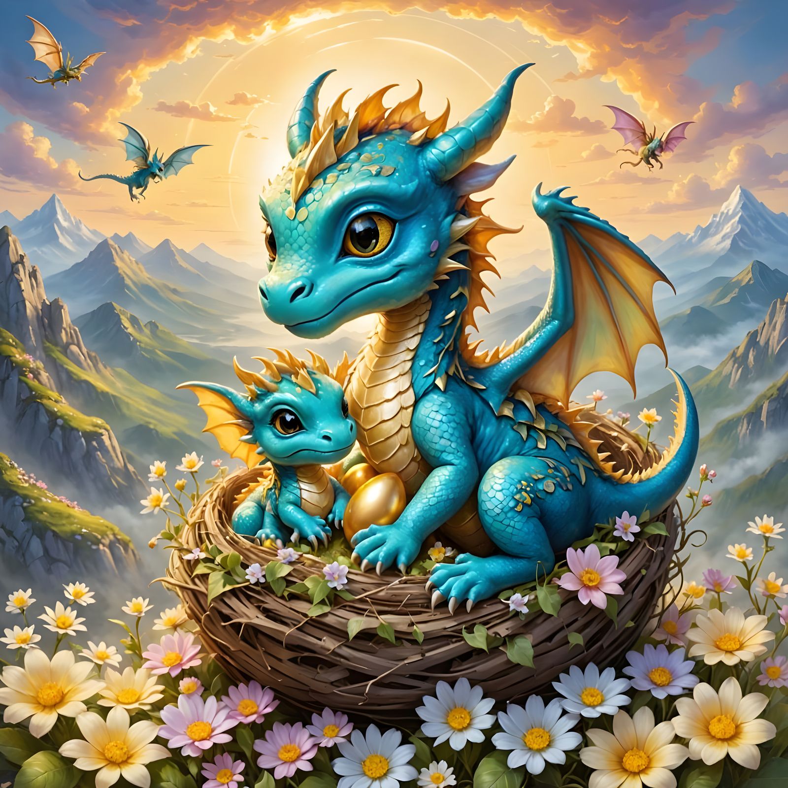 Adorable Chibi Dragons in a Mountaintop Nest