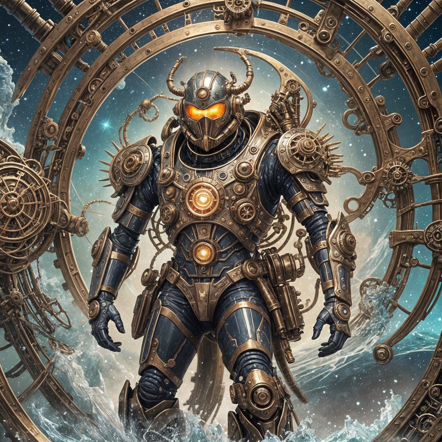 Steampunk Surfer on Cosmic Wave with Exoskeleton