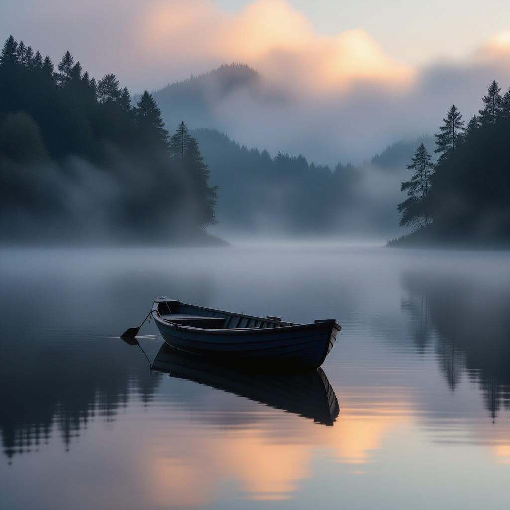 Misty Dawn: Boat on Still Lake in Hyperrealism