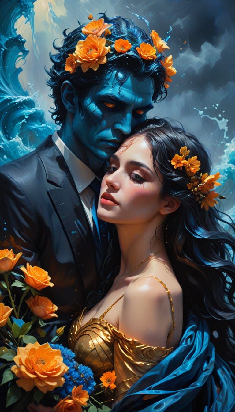Ethereal Oil Painting of Hades and Persephone Embracing