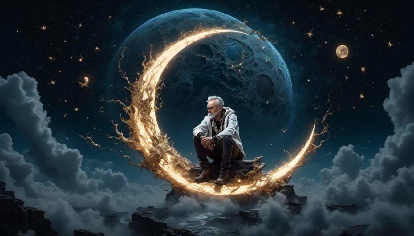 Man on Moon Crest in Watercolor Style