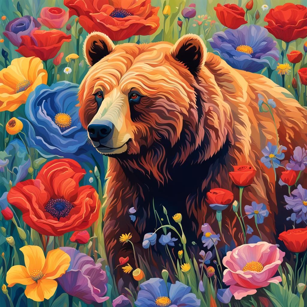 Floral Kodiak Bear in Modernist Style