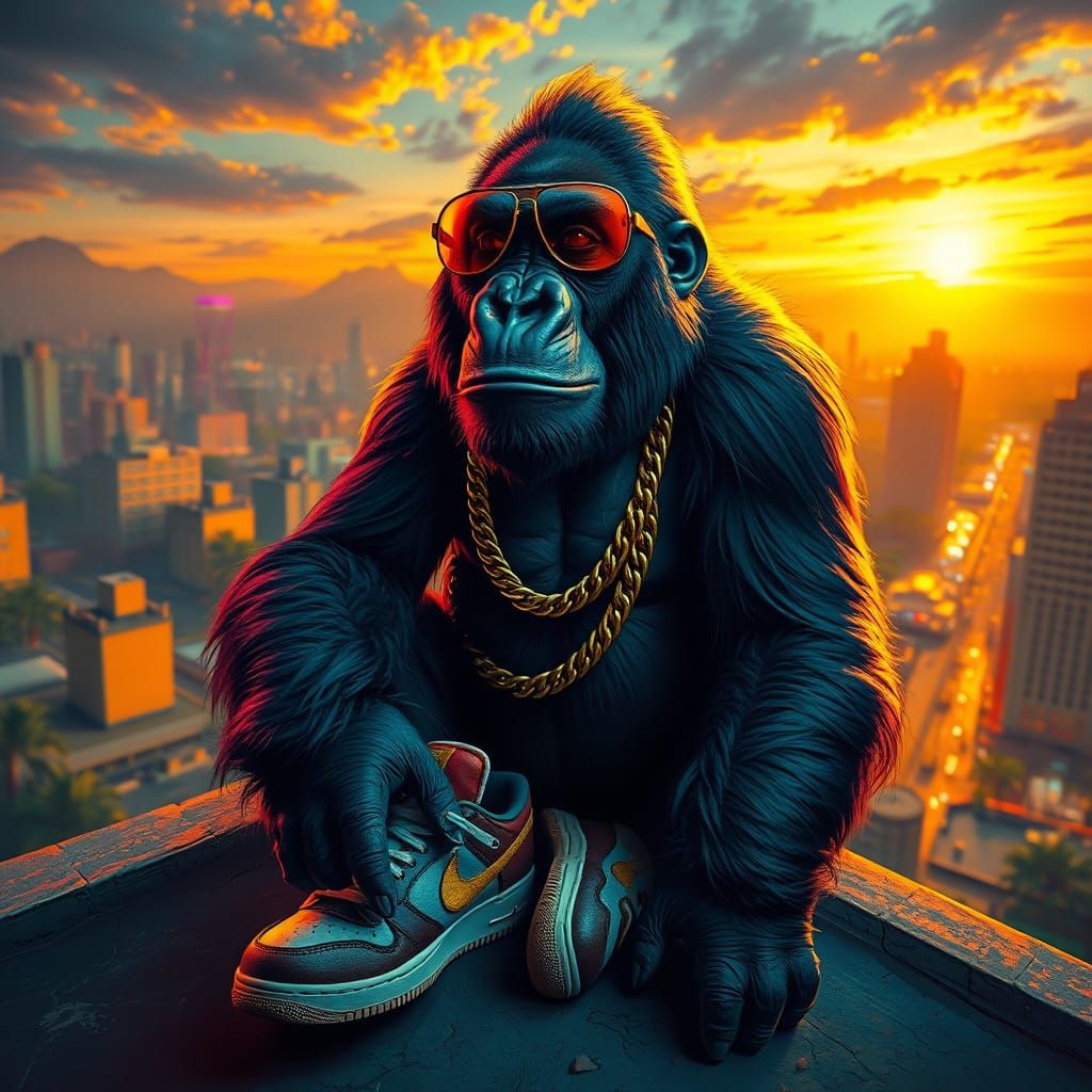 Gorilla Rapper in Surreal Biomechanical Sci-Fi Cityscape