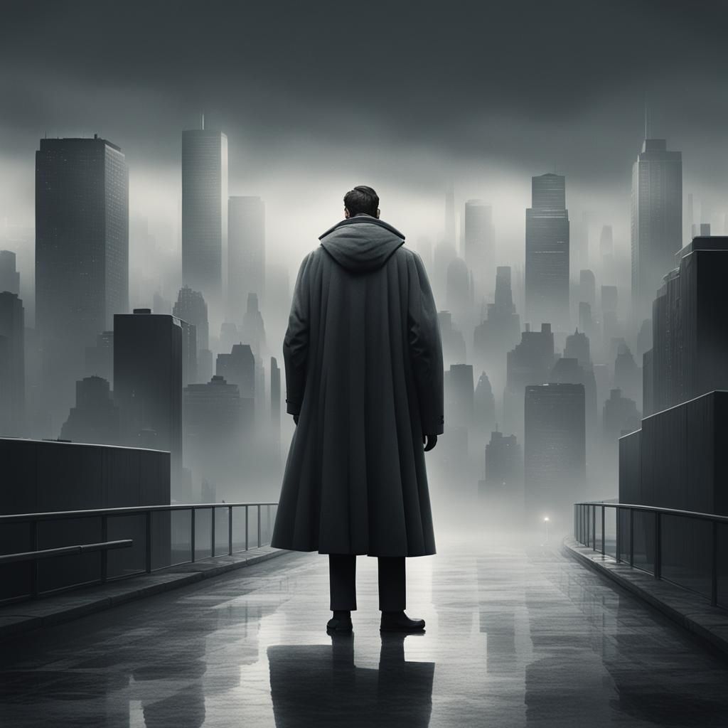 Monotone Cityscape with Figure in Grey Coat