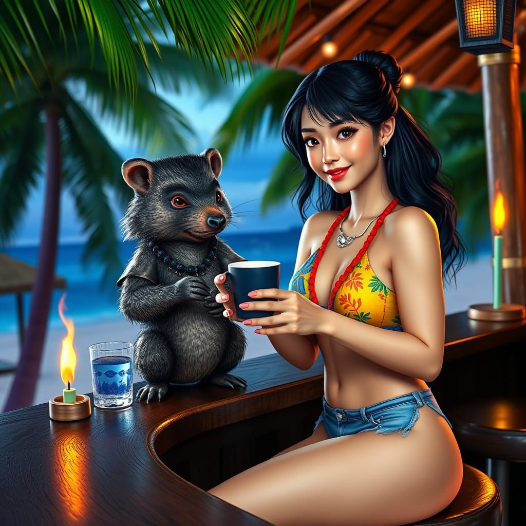 Japanese Beauty Sips Coffee at Tropical Beachside Bar in Cyb...