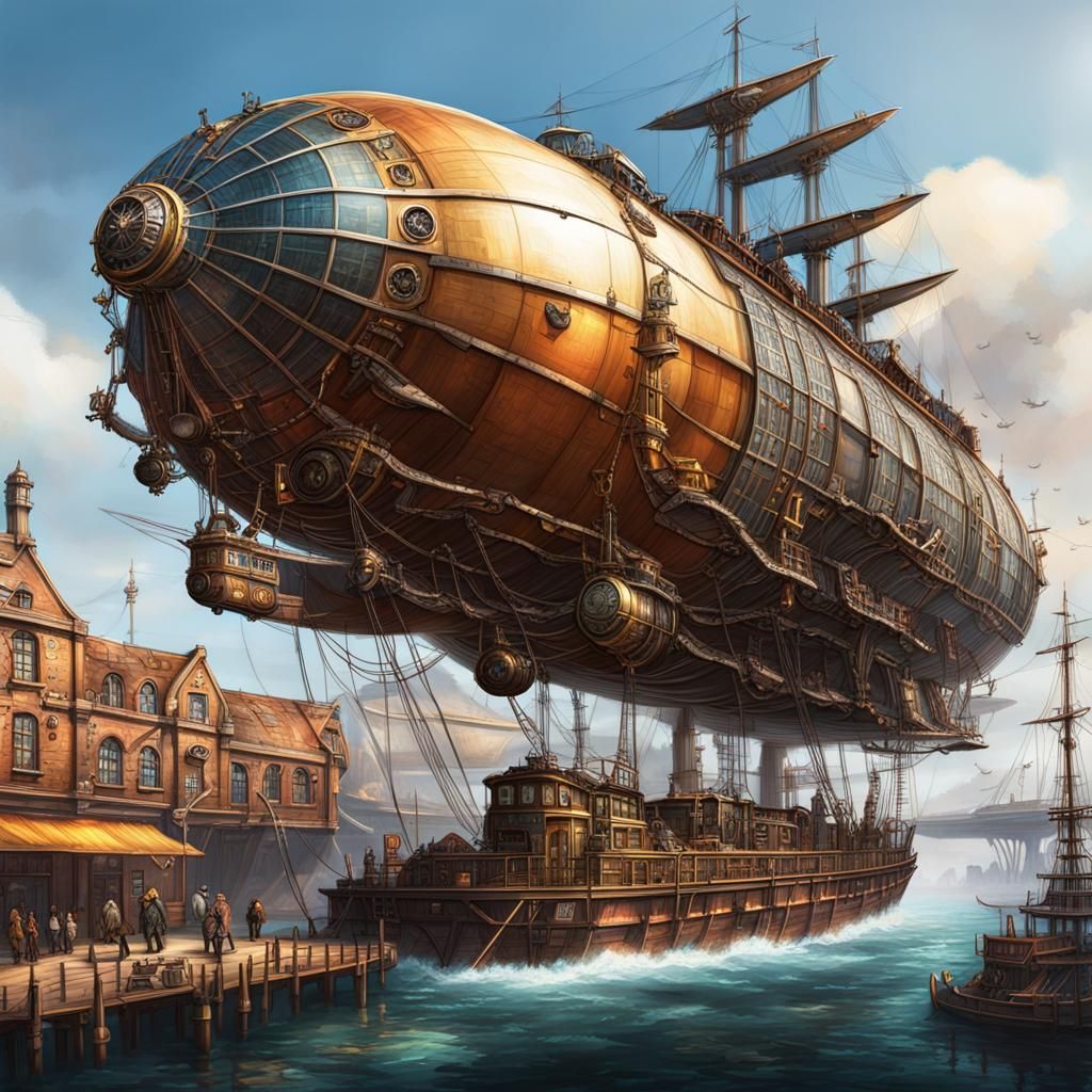 Steampunk Airship Harbour Transport Hub in Splash Art Style