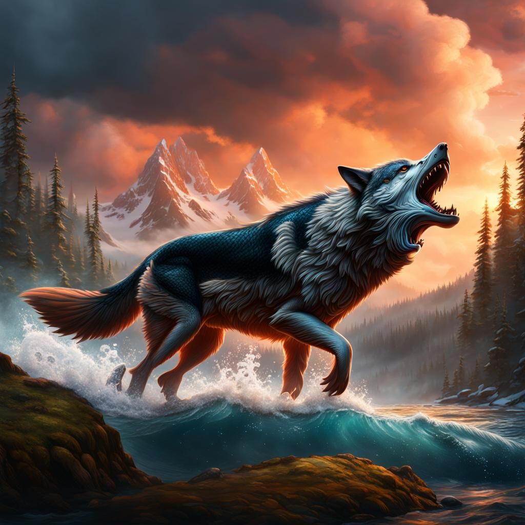 Wolf with Oversized Salmon: Detailed Matte Painting