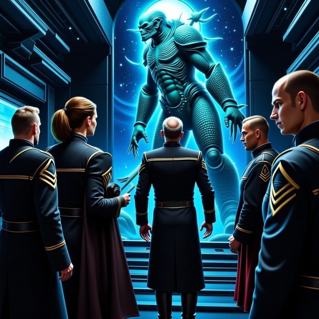 Gritty Fantasy Kaiju Encounter in High-Tech Starfleet Briefi...