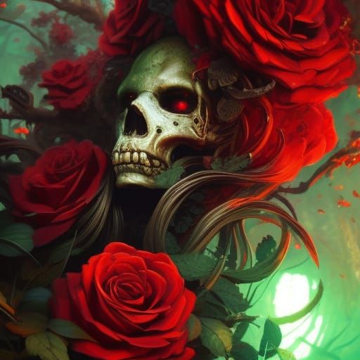 Mossy Skull with Roses: Dark Fantasy Art