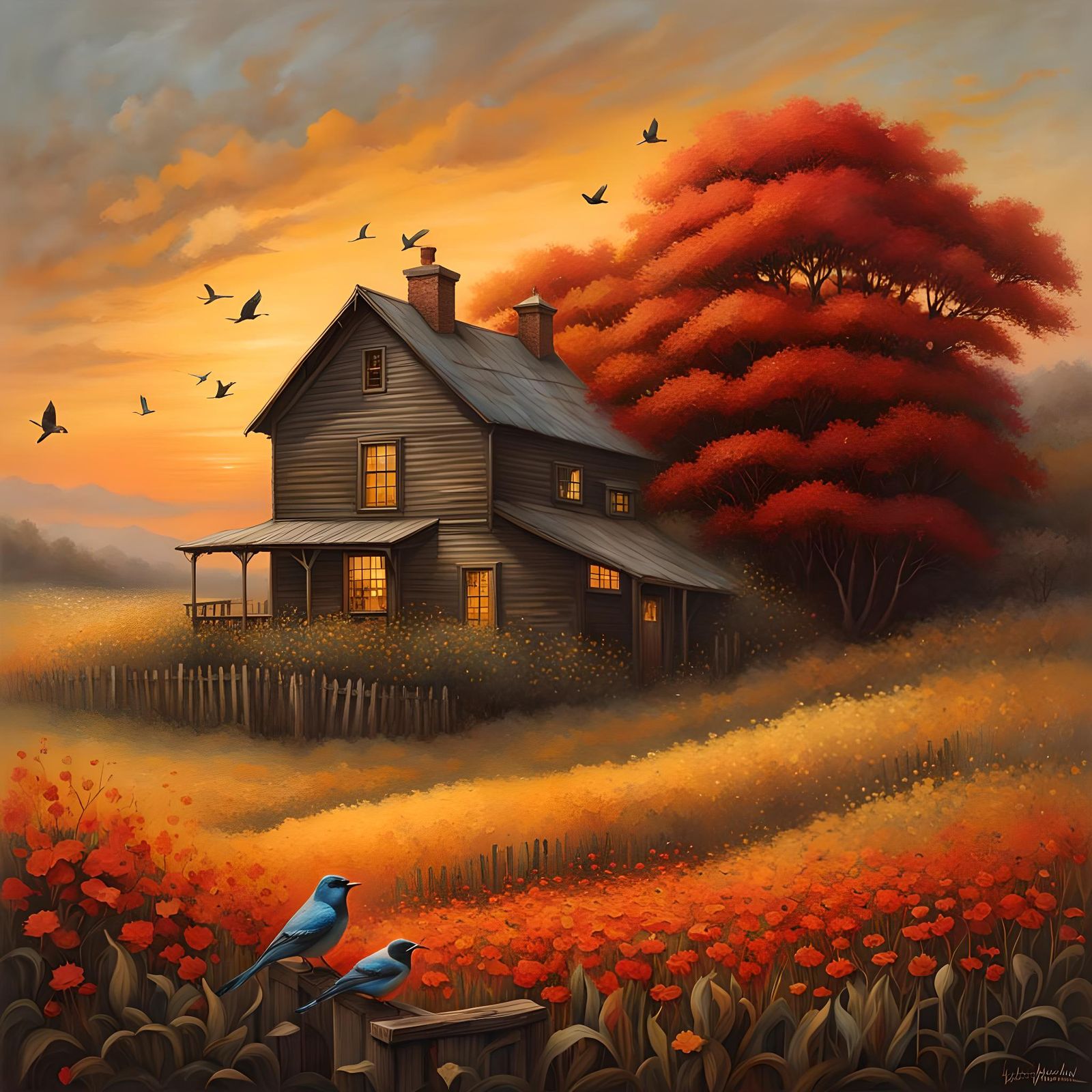 Hyperrealistic Farmhouse at Sunset in Watercolor Style