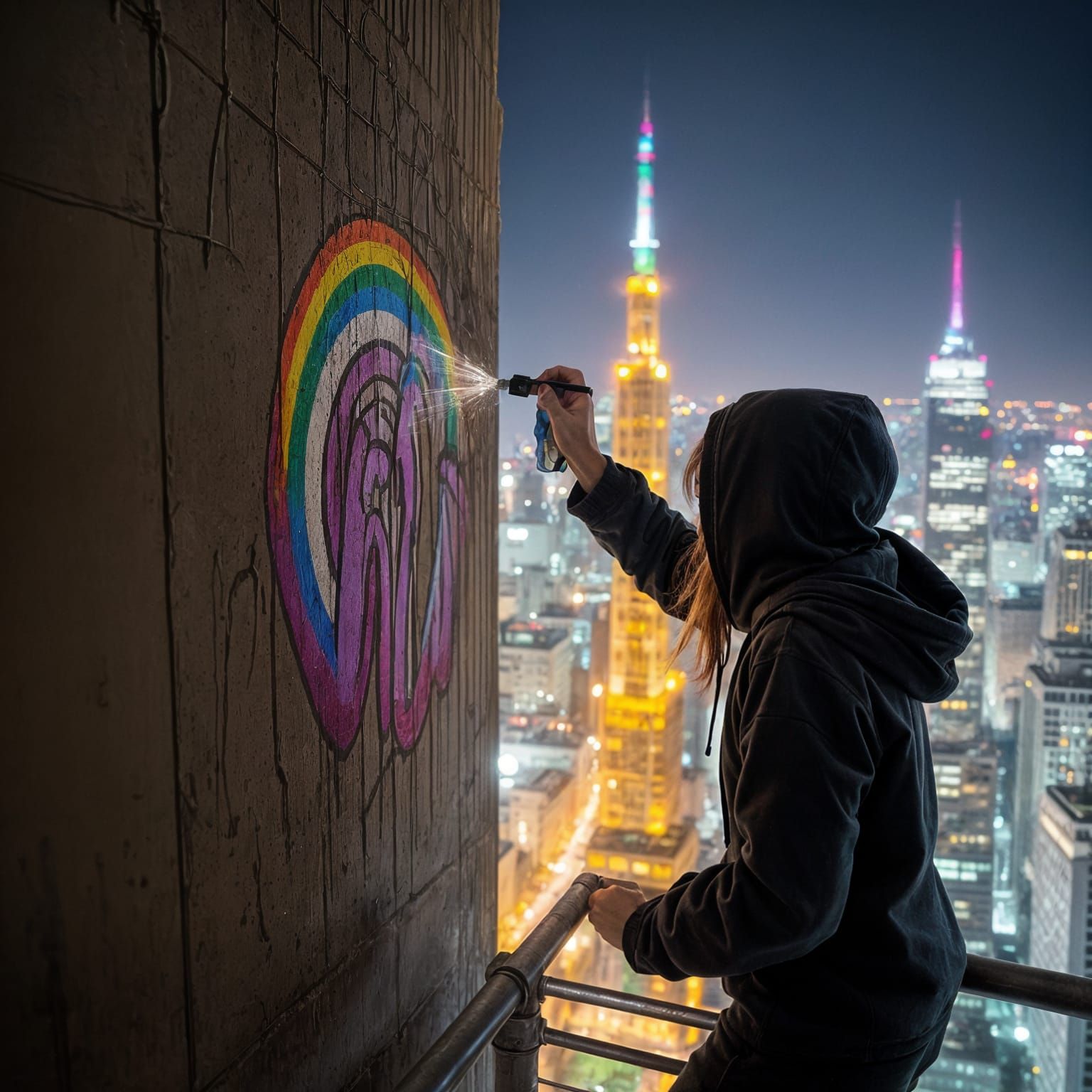 Girl Spray-Painting Peace Sign on Building