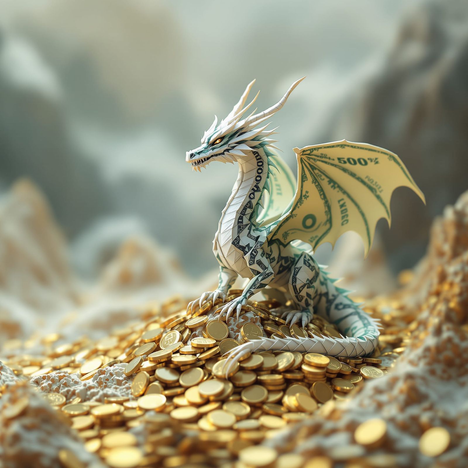 Origami Dragon Made of Money on Gold Coins