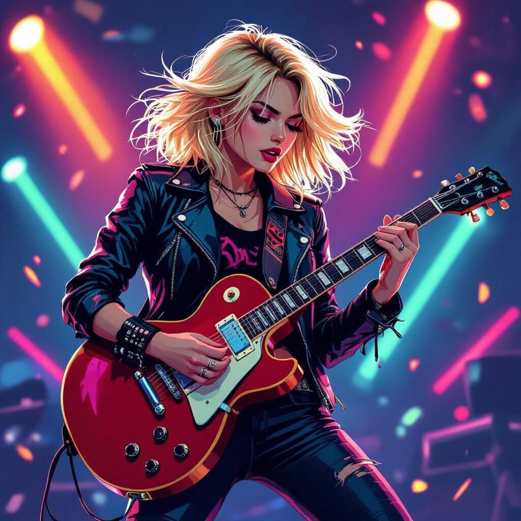 Rock Girl Playing Electric Guitar with Neon Lights