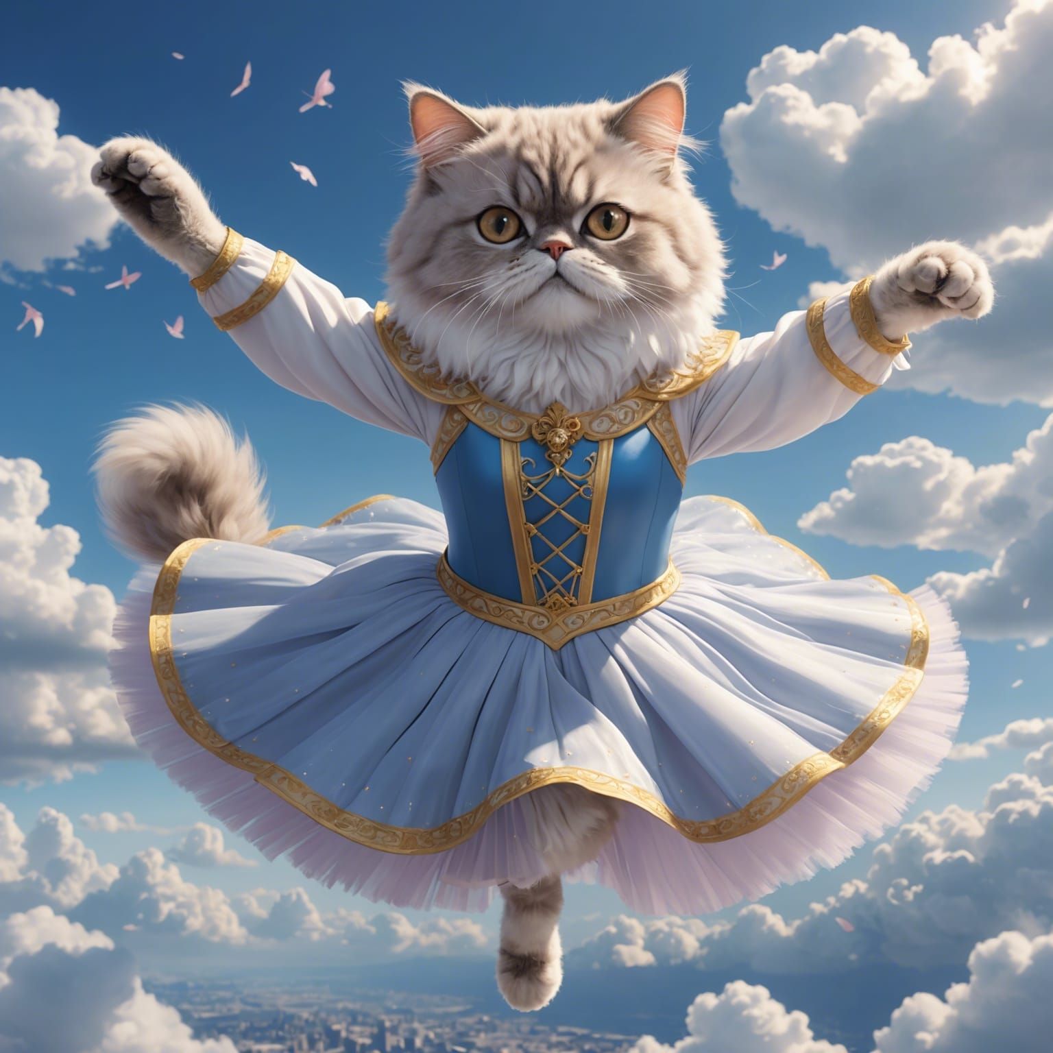 Persian Cat Ballerina Dancing in Clouds: Anime Art