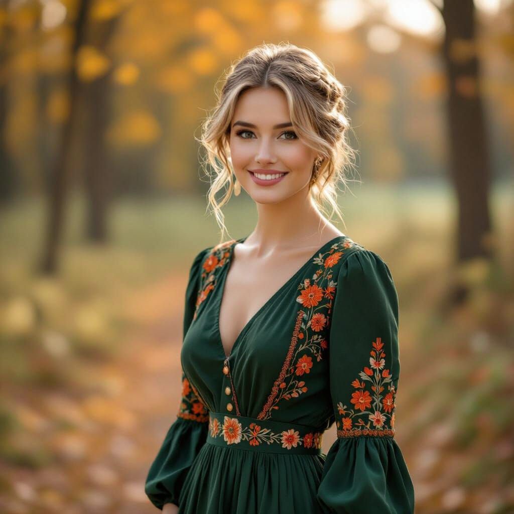 Serene Woman in Green Dress in Autumn Forest