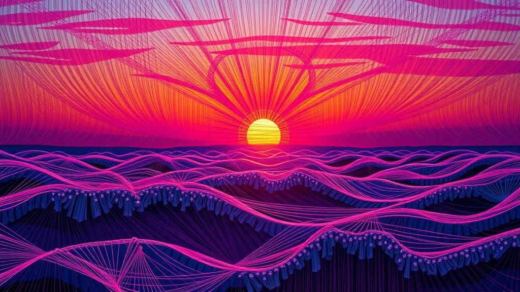 Sunset Over Coastline in Geometric String Art