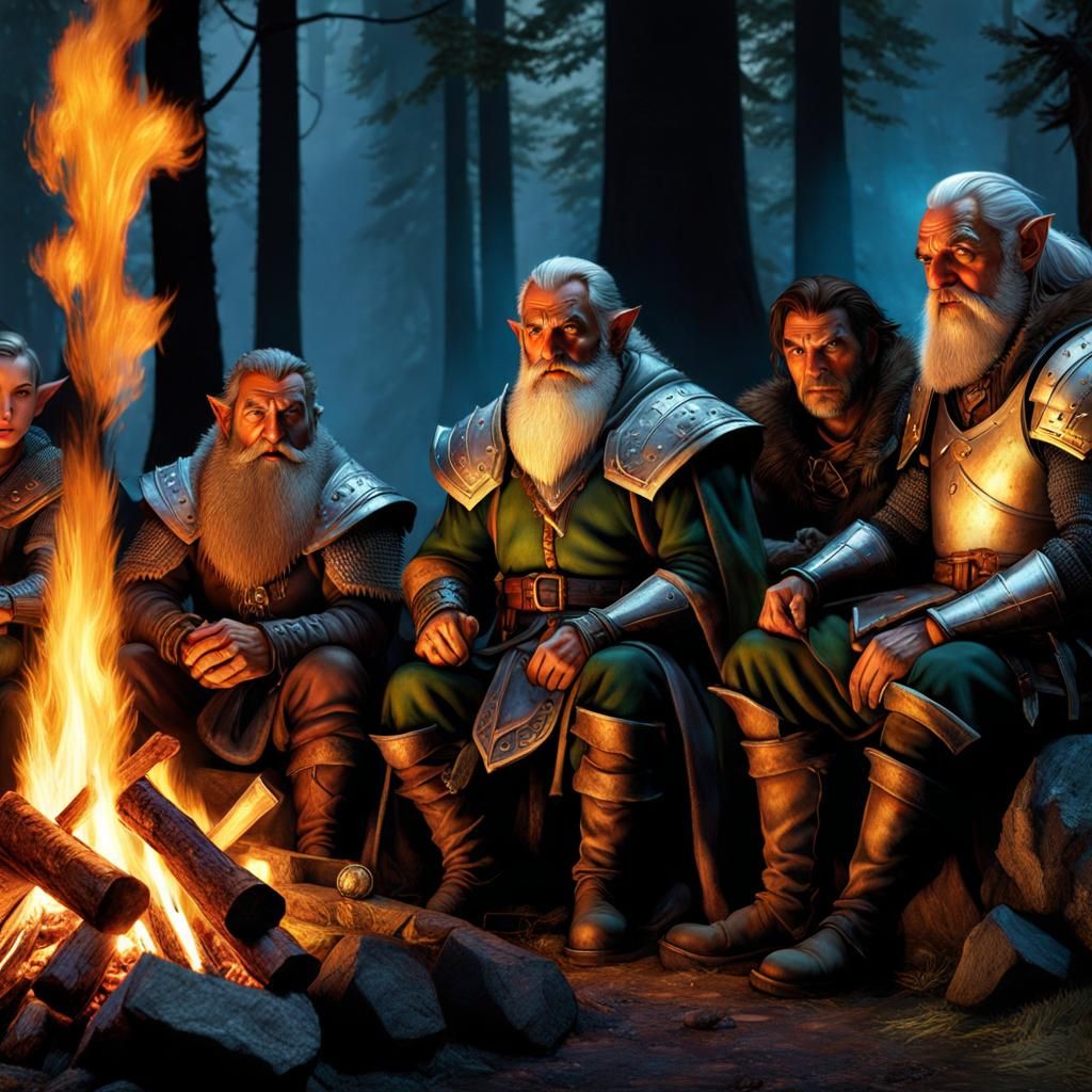 Dwarfs and Elves Around Campfire, Detailed Fantasy Portrait