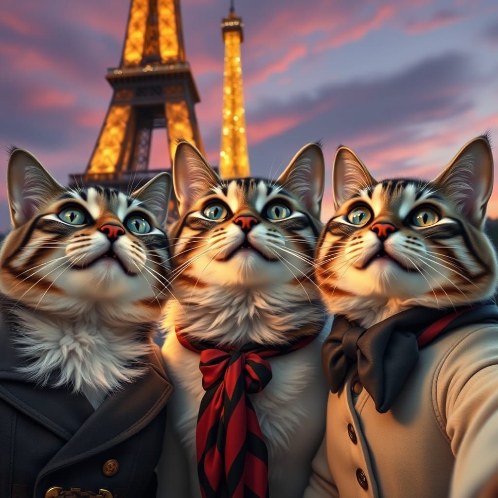 Three Cats Smile in Parisian Chic with Eiffel Tower Glow