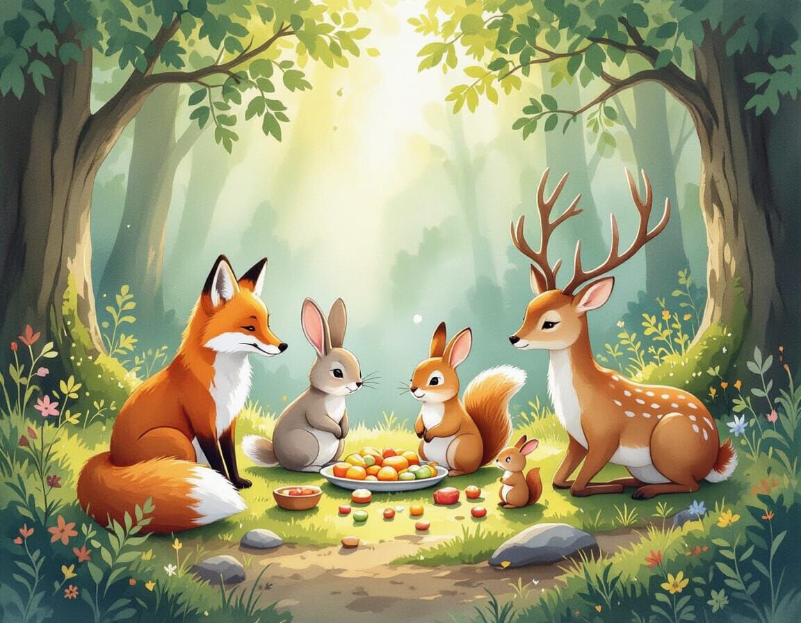 Woodland Animals Share a Meal in Watercolor Style