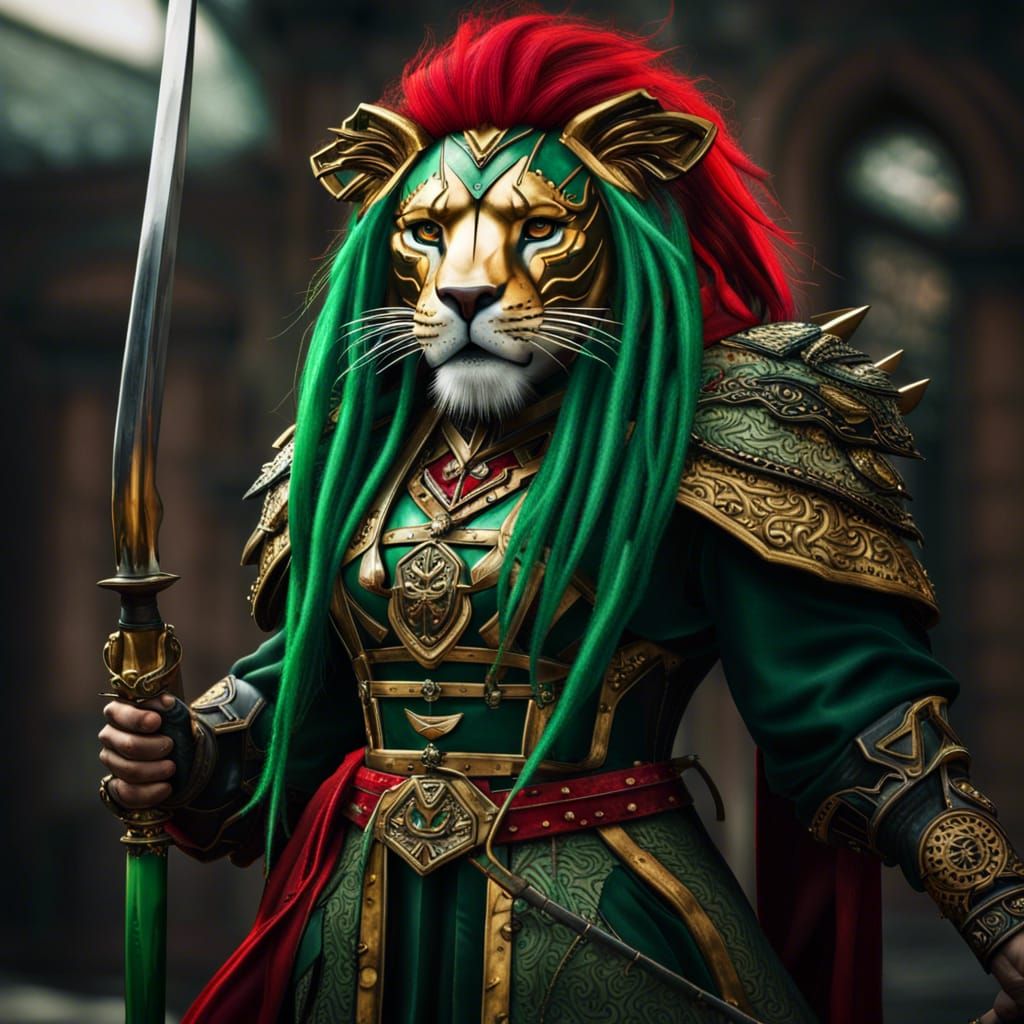 Dark Druid Lioness in Armor with Katanas