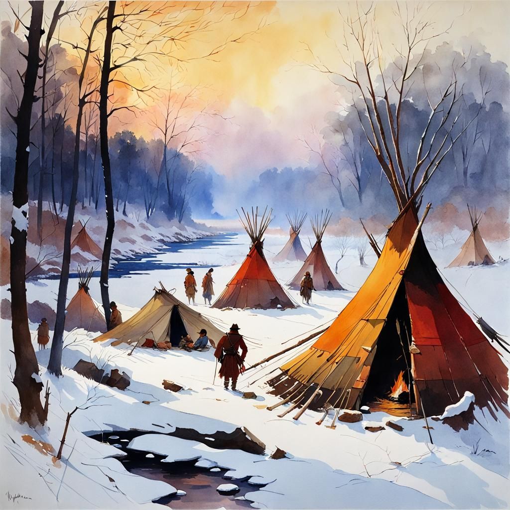 Dakota Winter Camp at Nightfall in Watercolor Style