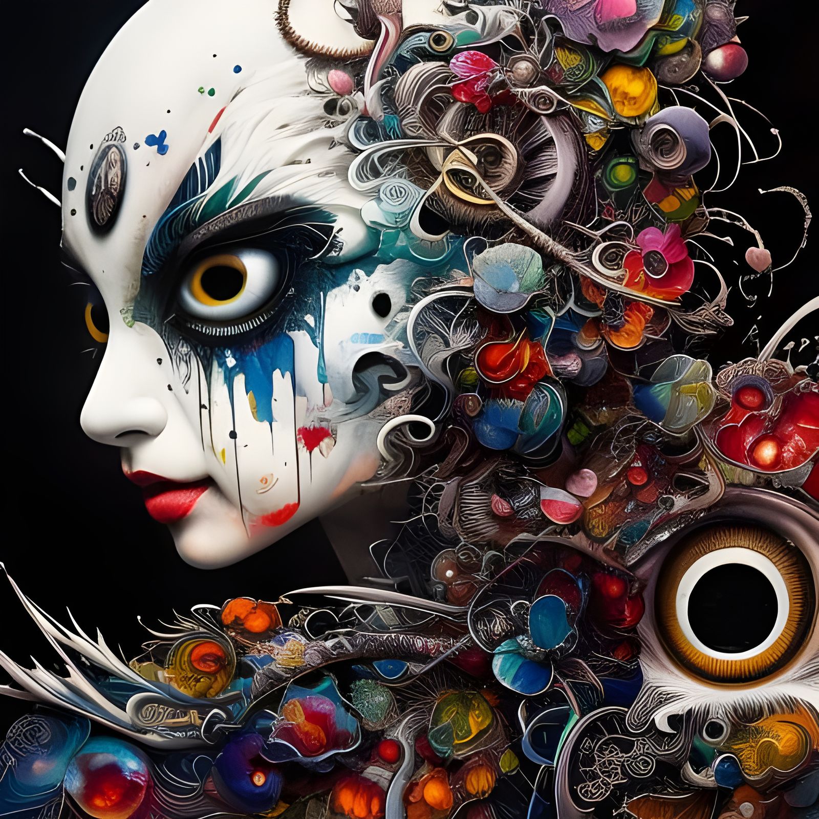 Detailed White Ink Clown Illustration in Gouache Style