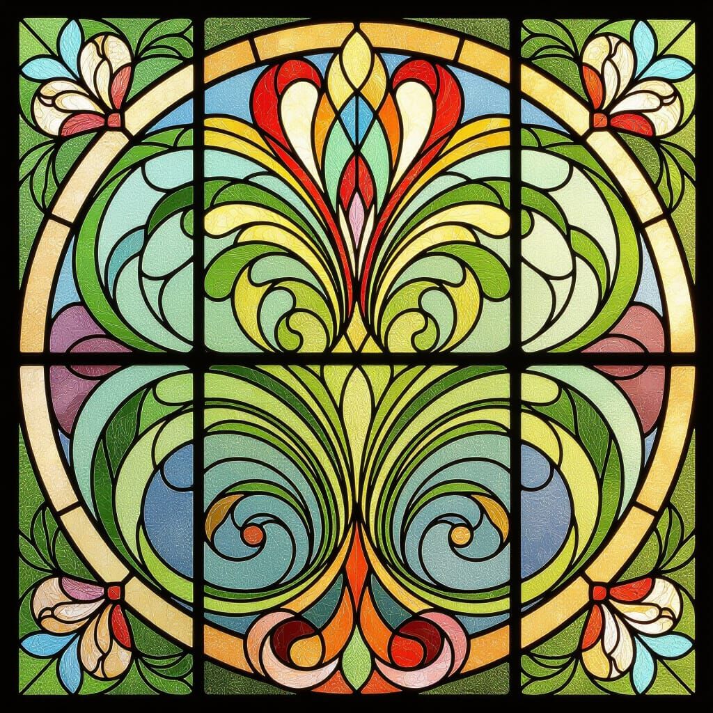 Art Nouveau Stained Glass Window with Floral Motifs