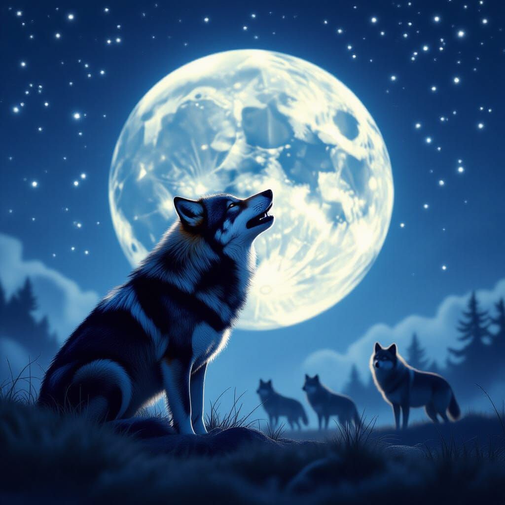 Howling Wolves in Cosmic Full Moon Night