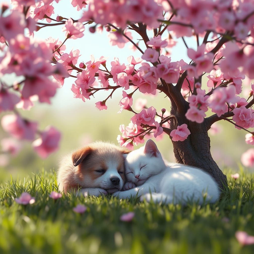 A cozy scene featuring a puppy and a white cat sleeping peac...