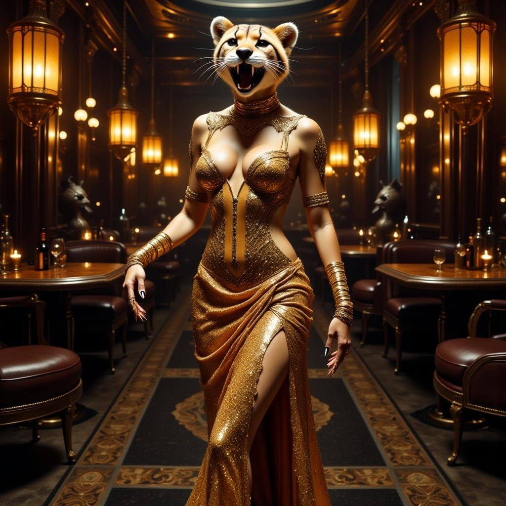 Sultry Cheetah Chanteuse in Gold Lamé Gown