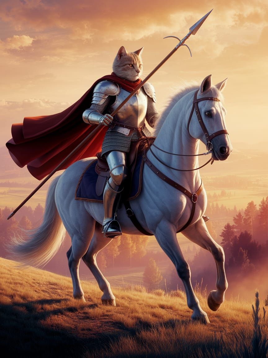 Epic Silver Cat-Knight on White Horse