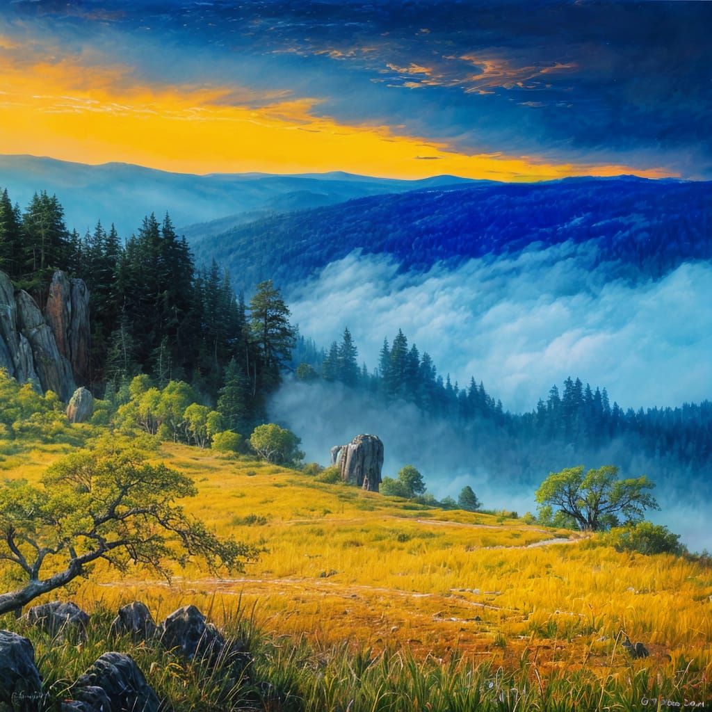 Enormous Ancient Tree in Dreamlike Landscape Painting