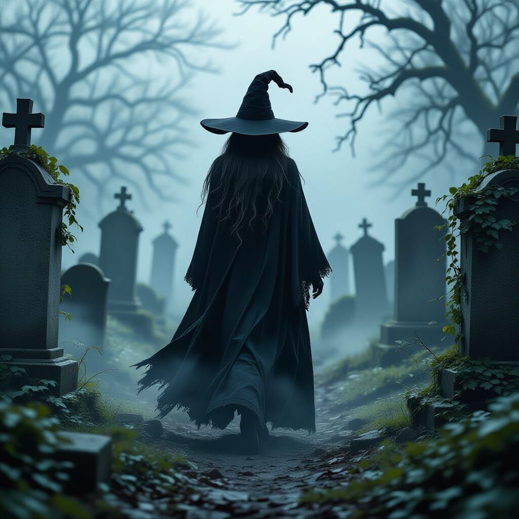 Witch walks through a Misty Cemetery